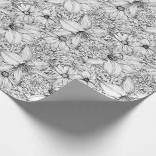 Sunflower and Hydrangea Black White Floral Wrapping Paper