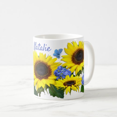 Sunflower and Hydrangea Custom Name Coffee Mug