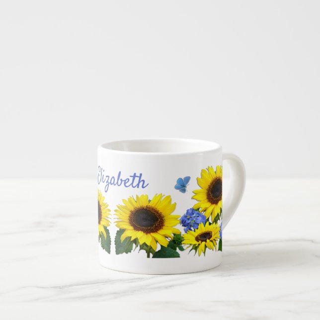 Sunflower and Hydrangea Custom Name Coffee Mug (Front Right)
