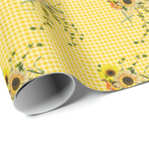 sunflower and ivy bouquet on gingham wrapping paper