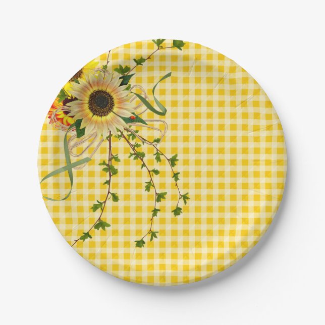 sunflower and ivy bouquet with lady bug paper plates (Front)