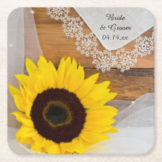 Sunflower and Lace Country Wedding Square Paper Coaster