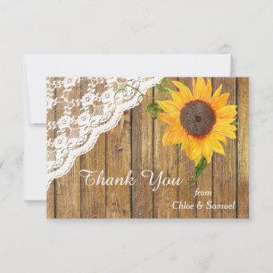 Sunflower and Lace on Wood Wedding Thank You