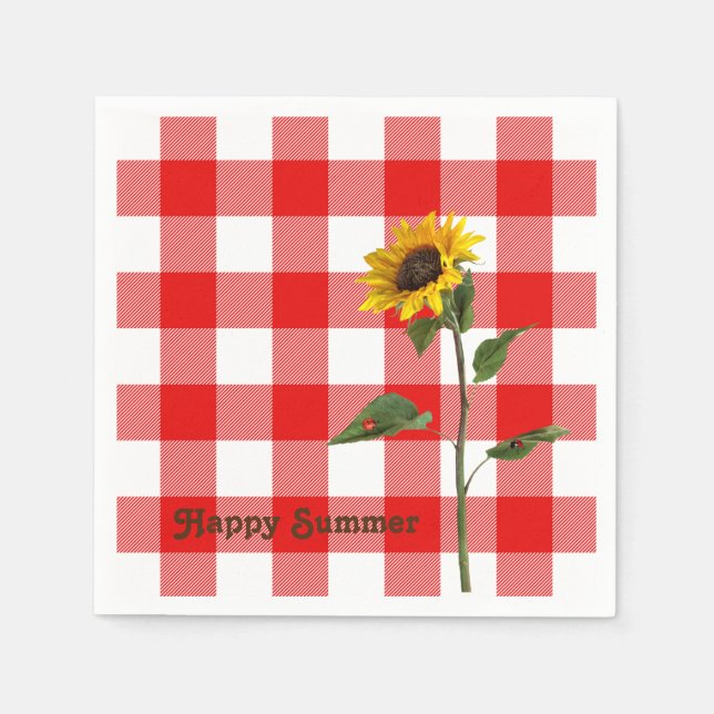 sunflower and lady bug on buffalo plaid napkins (Front)