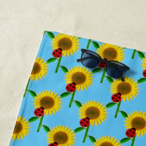 Sunflower and Lady Bug Pattern Summer Fun  Beach Towel