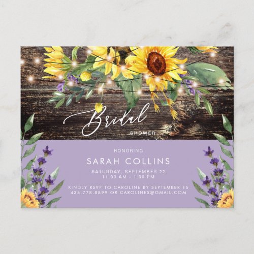 Sunflower and Lavender Bridal Rustic Shower  Postcard