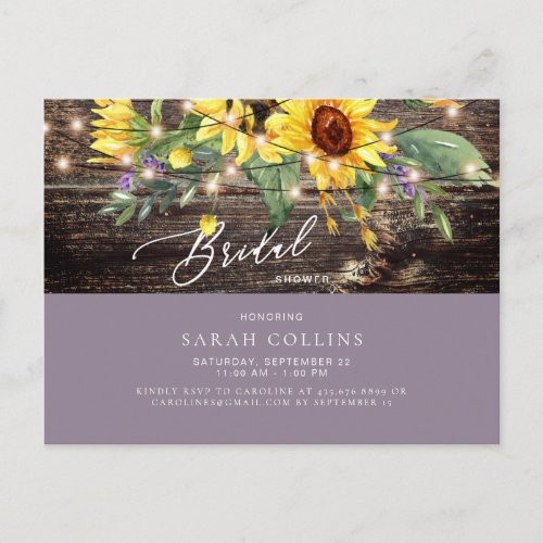 Sunflower and Lavender Rustic Bridal Shower  Invit Invitation Postcard