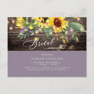 Sunflower and Lavender Rustic Bridal Shower Invit Invitation Postcard