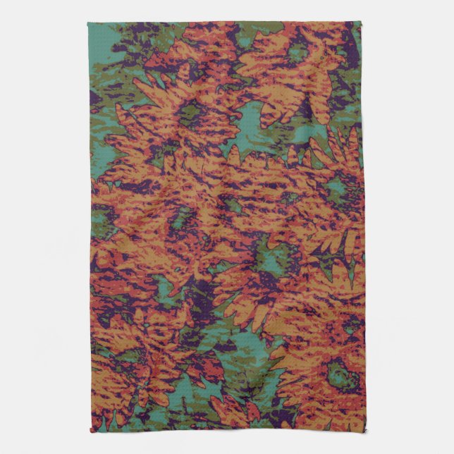 Sunflower and leaf camouflage pattern on kitchen towel (Vertical)