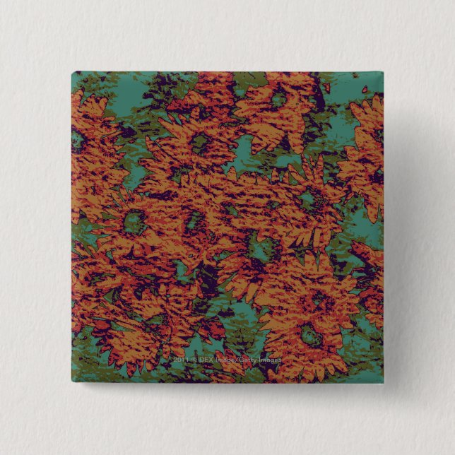 Sunflower and leaf camouflage pattern on pinback button (Front)