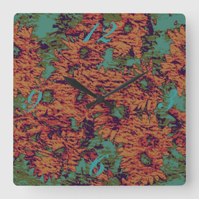 Sunflower and leaf camouflage pattern on square wall clock (Front)