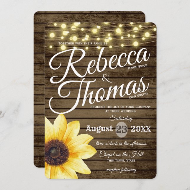 Sunflower and Lights Rustic Wedding Invitation (Front/Back)