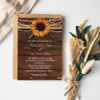 Sunflower And Lights Wood Wedding Invitation by SugSpc_Invitations at Zazzle