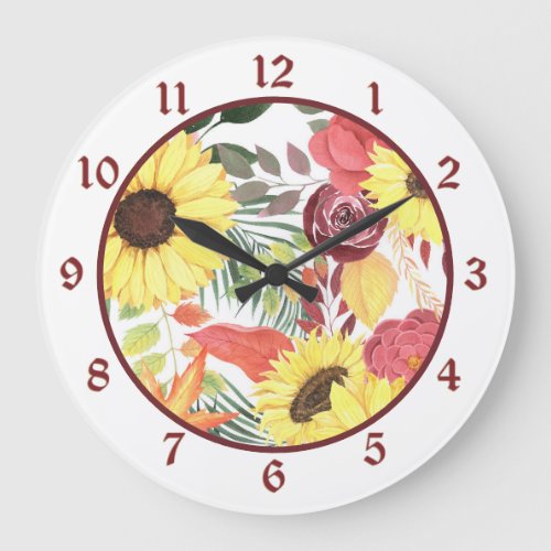 Sunflower and Maroon Roses Floral Large Clock