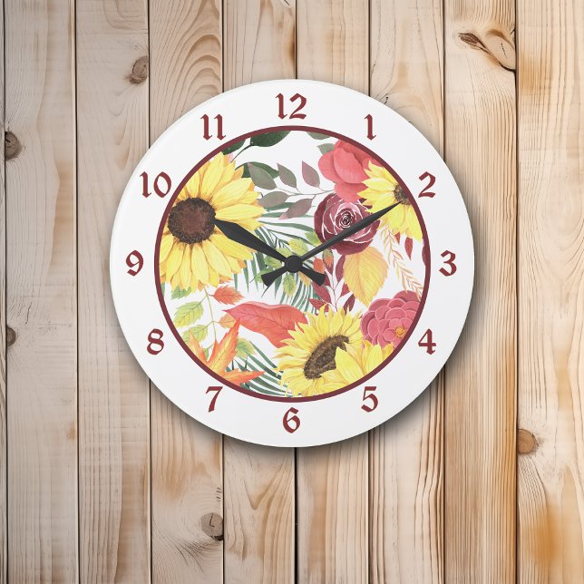 Sunflower and Maroon Roses Floral Large Clock (Creator Uploaded)