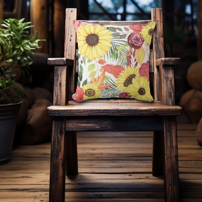 Sunflower and Maroon Roses Floral Throw Pillow (Creator Uploaded)