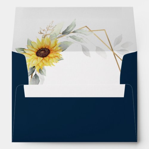 Sunflower and Navy Blue Geometric Gold Wedding Envelope