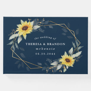 Sunflower and Navy Blue Geometric Rustic Wedding Guest Book