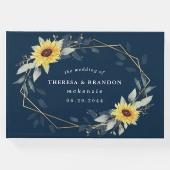 Sunflower And Navy Blue Geometric Rustic Wedding Guest Book by RusticWeddings at Zazzle
