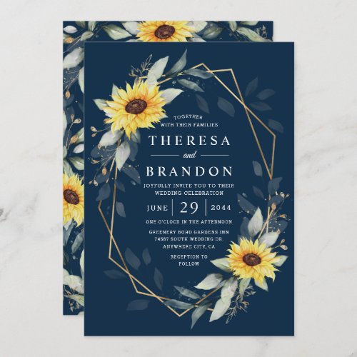 Sunflower and Navy Blue Geometric Rustic Wedding Invitation