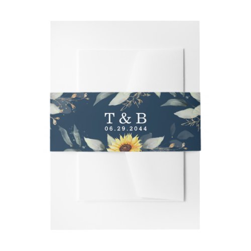 Sunflower and Navy Blue Geometric Rustic Wedding Invitation Belly Band