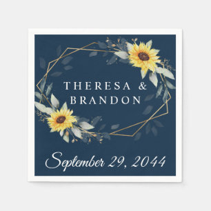 Sunflower and Navy Blue Geometric Rustic Wedding Napkins