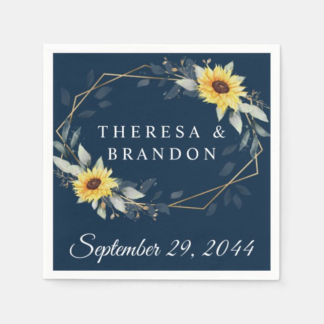 Sunflower and Navy Blue Geometric Rustic Wedding Napkins (Front)