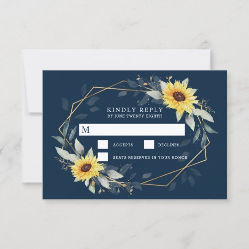 Sunflower and Navy Blue Geometric Rustic Wedding RSVP Card