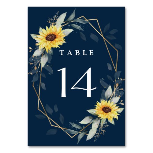Sunflower and Navy Blue Geometric Rustic Wedding Table Number