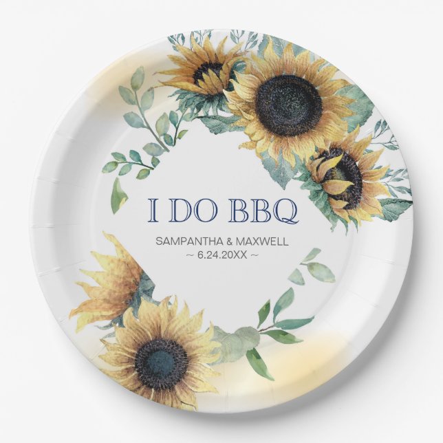 Sunflower and Navy Blue I Do BBQ Paper Plates (Front)