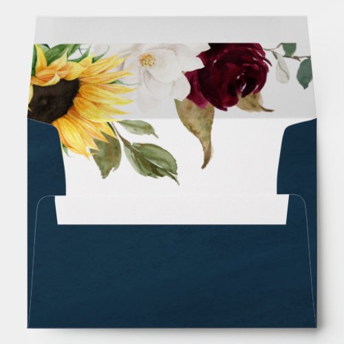 Sunflower and Navy Blue Magnolia Burgundy Wedding Envelope