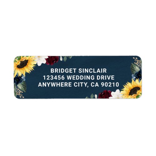 Sunflower and Navy Blue Magnolia Burgundy Wedding Label