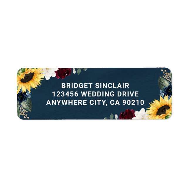 Sunflower and Navy Blue Magnolia Burgundy Wedding Label (Front)