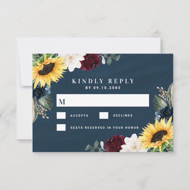Sunflower and Navy Blue Magnolia Burgundy Wedding RSVP Card (Front)