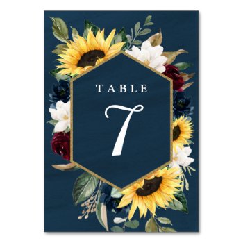 Sunflower And Navy Blue Magnolia Burgundy Wedding Table Number by RusticWeddings at Zazzle