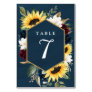 Sunflower and Navy Blue Magnolia Burgundy Wedding Table Number