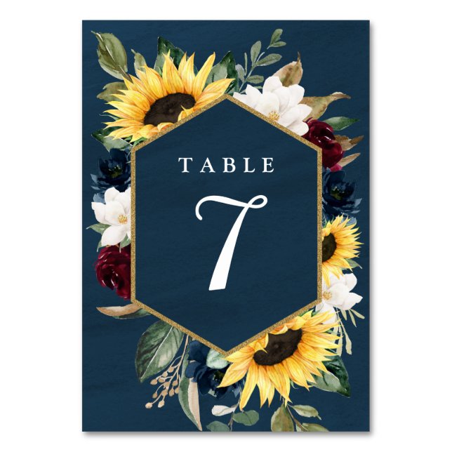 Sunflower and Navy Blue Magnolia Burgundy Wedding Table Number (Front)