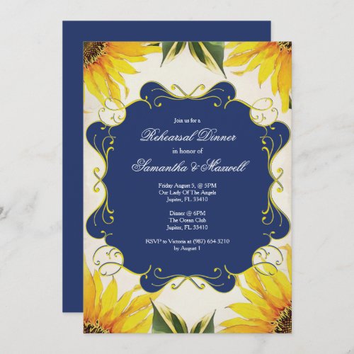 Sunflower and Navy Blue Rehearsal Dinner Invite