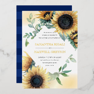 Sunflower and Navy Blue Rustic Wedding Foil Invitation
