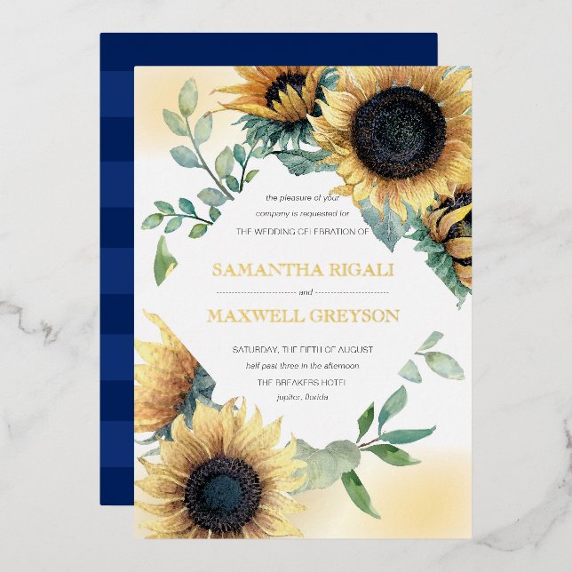 Sunflower and Navy Blue Rustic Wedding Foil Invitation (Front/Back)