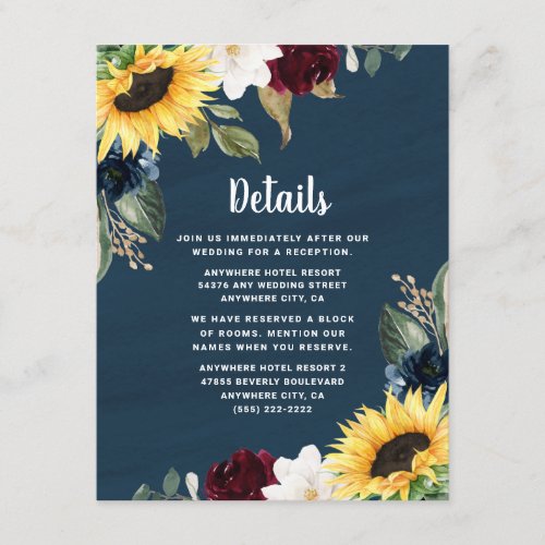 Sunflower and Navy Blue Watercolor Rustic Wedding Enclosure Card