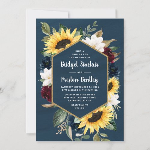 Sunflower and Navy Blue Watercolor Rustic Wedding Invitation