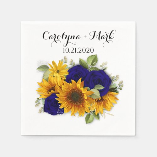 Sunflower and Navy Roses Botanical Wedding Napkins