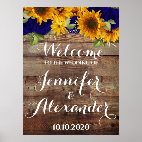 Sunflower and Navy Roses Wedding Welcome Sign