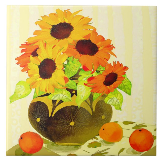 Sunflower and Oranges Ceramic Kitchen Tile (Front)