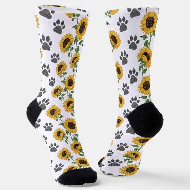 Sunflower and Paw Print Patterned Crew Socks (Angled)