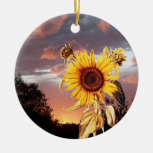 SUNFLOWER AND PINK SUMMER SUNSET CERAMIC ORNAMENT