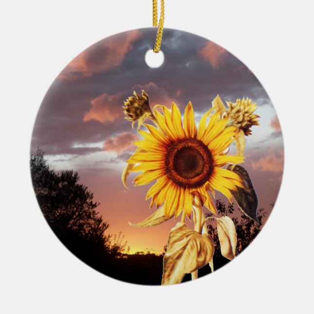 SUNFLOWER AND PINK SUMMER SUNSET CERAMIC ORNAMENT (Front)