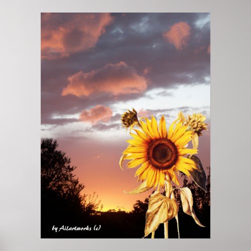 SUNFLOWER AND PINK SUMMER SUNSET POSTER