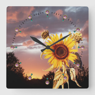 SUNFLOWER AND PINK SUMMER SUNSET WITH PINK CLOUDS SQUARE WALL CLOCK